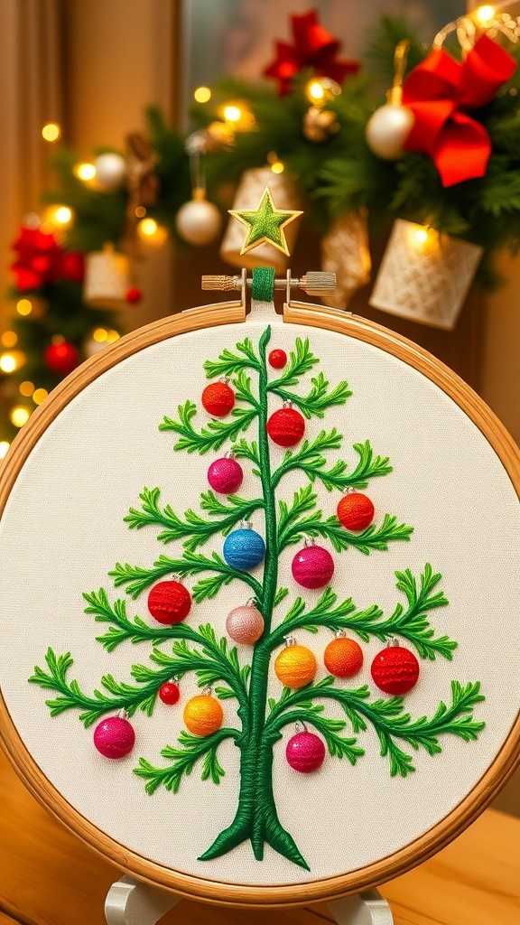 Christmas Tree Embroidery Pattern Embroidered Christmas tree in a hoop with colorful ornaments and a star.